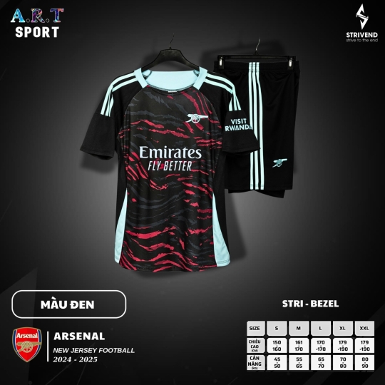 Quần Áo Đá Banh STRIVEND ARSENAL - Chất Vải Xịn Thoáng Mát, Nam Nữ Mặc Đều Đẹp, Co Giãn Thấm Hút